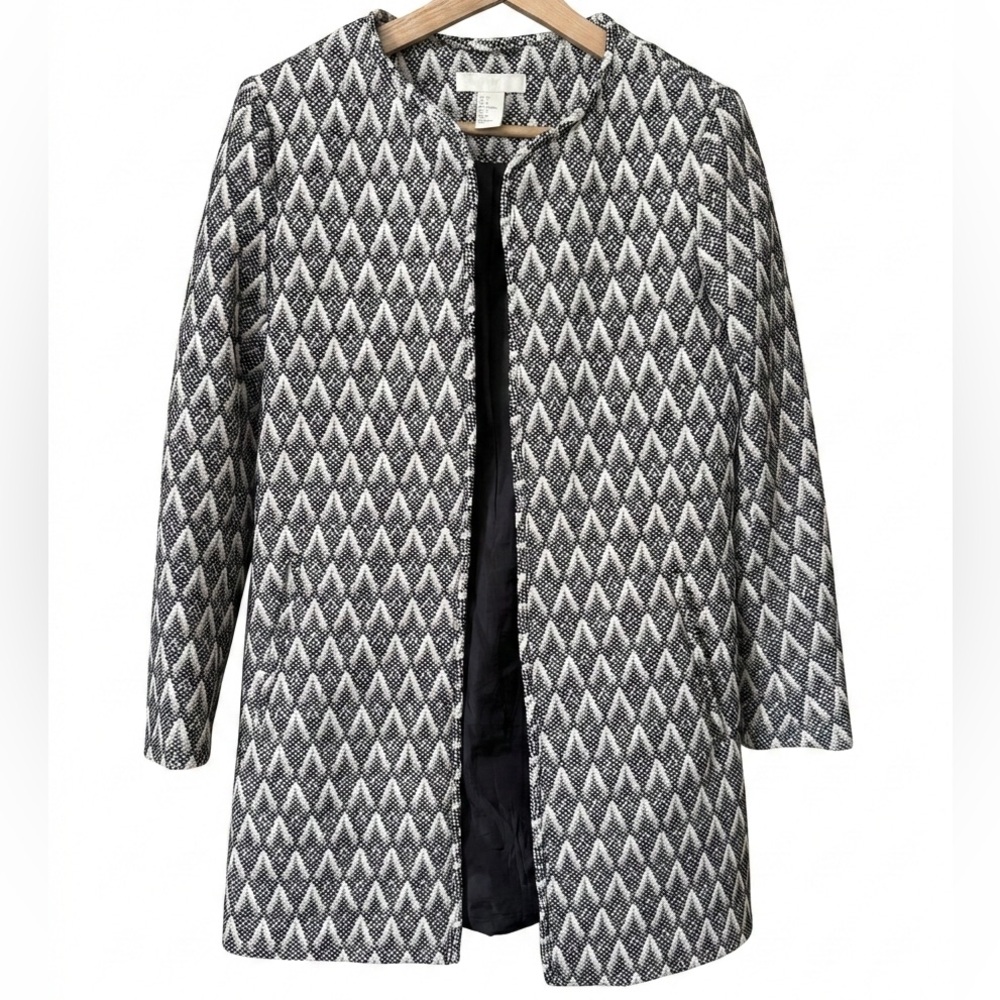 H&M Textured Diamond Knit Coat Open Front Long Jacket Black White Women's Size 6